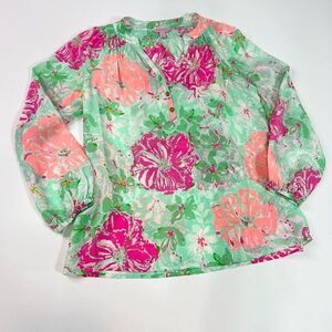 Lilly Pulitzer Elsa Silk Blouse Womens Small Gold Buttons Floral Split V-Neck